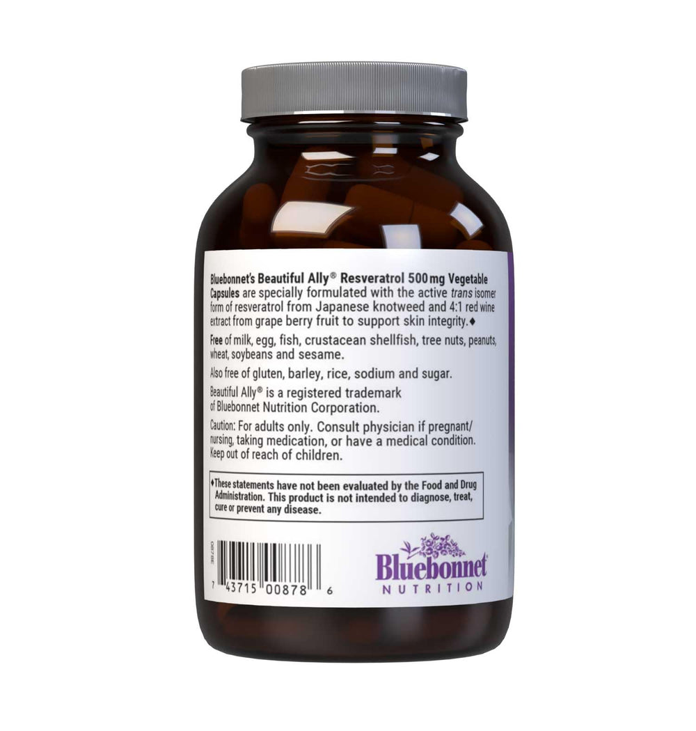Bluebonnet Beautiful Ally Resveratrol label detail highlights ingredients and serving size for informed use.
