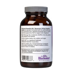 Bluebonnet Beautiful Ally Resveratrol label detail highlights ingredients and serving size for informed use.