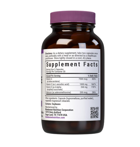 Bluebonnet Beta Carotene C E Selenium capsules on a clean desk illustrating daily use