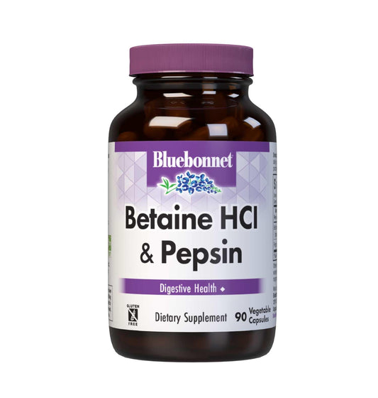 BlueBonnet Betaine HCl Plus Pepsin capsules bottle front supports digestive comfort.