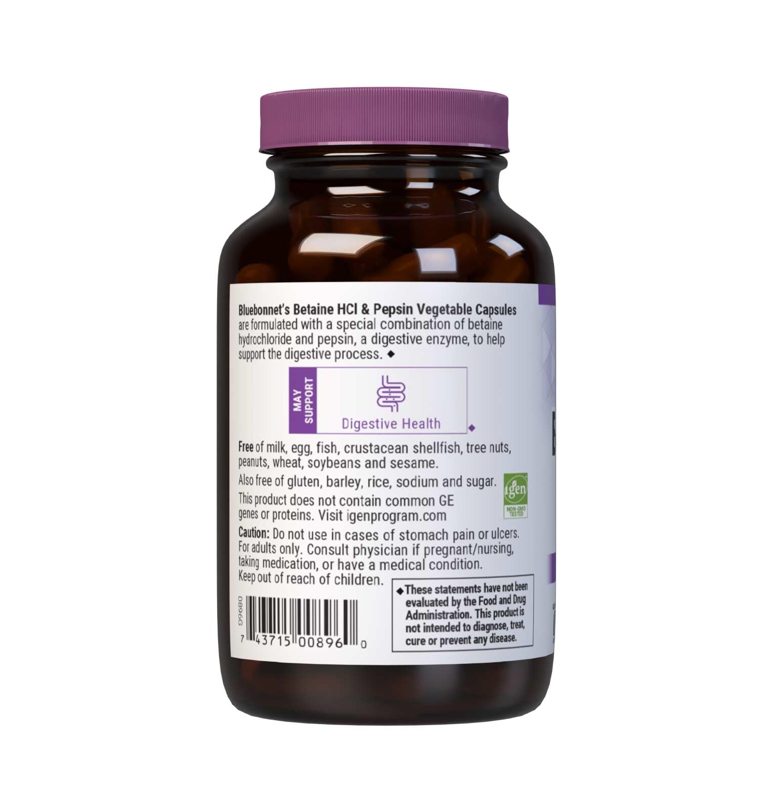 BlueBonnet Betaine HCl Plus Pepsin label highlights allergen-free formula.