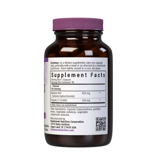 BlueBonnet Betaine HCl Plus Pepsin capsules poured out illustrate enzyme support for meals.