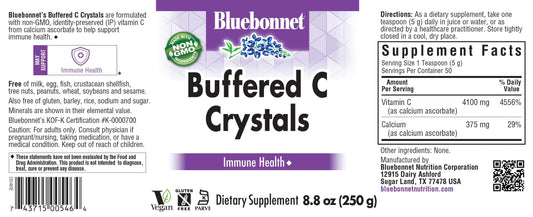BlueBonnet Buffered C Crystals scoop with label highlights vitamin C benefits