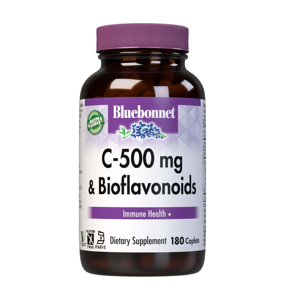 BlueBonnet C-500 caplets close-up showing easy-to-swallow design for daily use