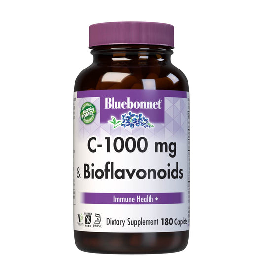 BlueBonnet C-1000 mg Caplets bottle highlighting citrus bioflavonoids for immune support and antioxidants.