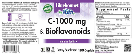 BlueBonnet C-1000 mg caplets close-up showing hesperidin and rutin in a vegan, allergen-free formula.