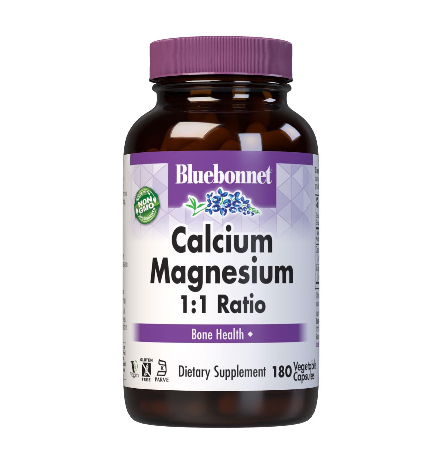 BlueBonnet Calcium Magnesium bottle front showing vegan, allergen-free formula for daily bone support.