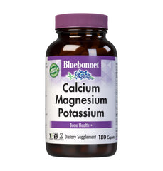 Bluebonnet calcium magnesium potassium bottle front showing 180 caplets for bone support