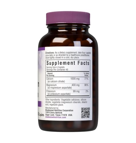 Bluebonnet calcium magnesium potassium caplets packaging highlights vegan and non-GMO
