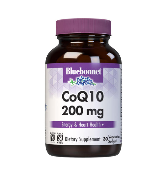 BlueBonnet CoQ-10 200 mg softgels bottle highlights Kaneka formula for daily energy support.