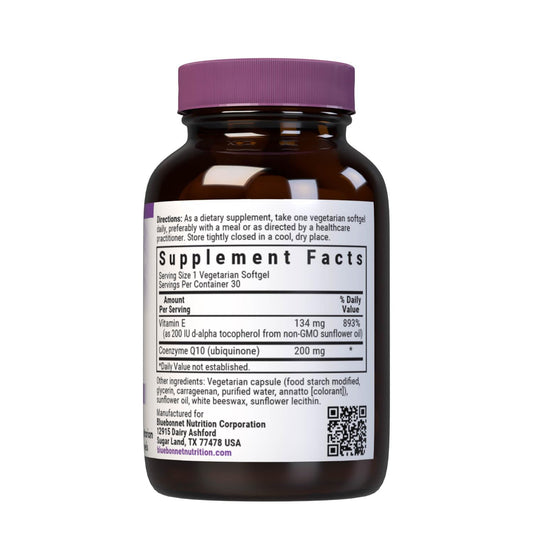 BlueBonnet CoQ-10 softgels closeup shows compact capsules for easy daily dosing.