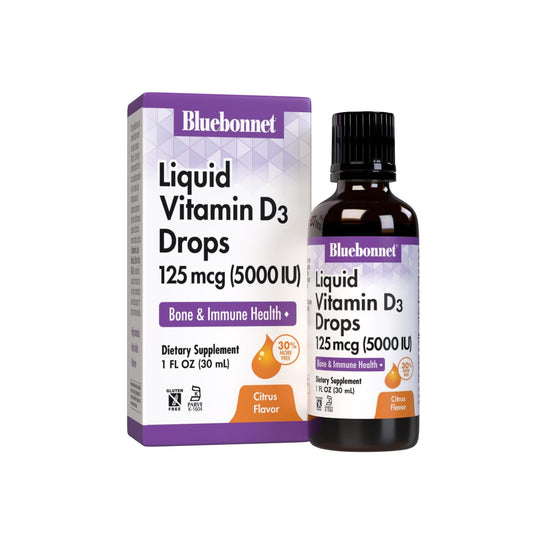 Bluebonnet Vitamin D3 Drops citrus bottle highlights bone and immune health benefits.