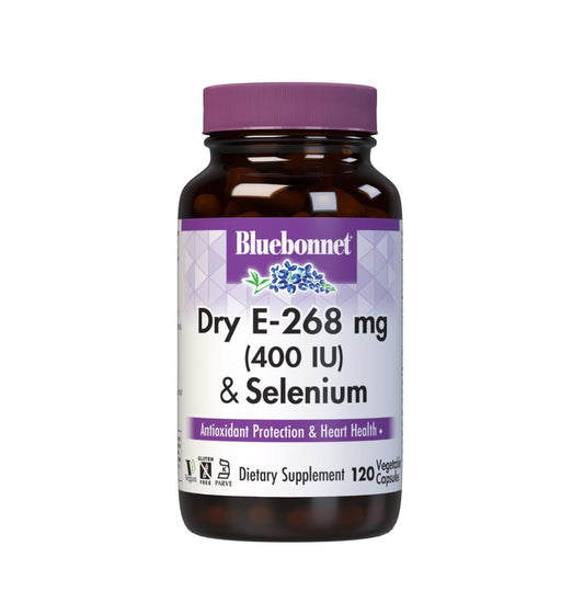 BlueBonnet Dry E-400 IU Plus Selenium bottle front with easy-to-swallow capsules.