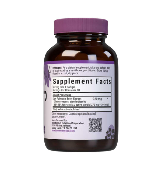 BlueBonnet Saw Palmetto Softgels close-up highlighting high potency extract.