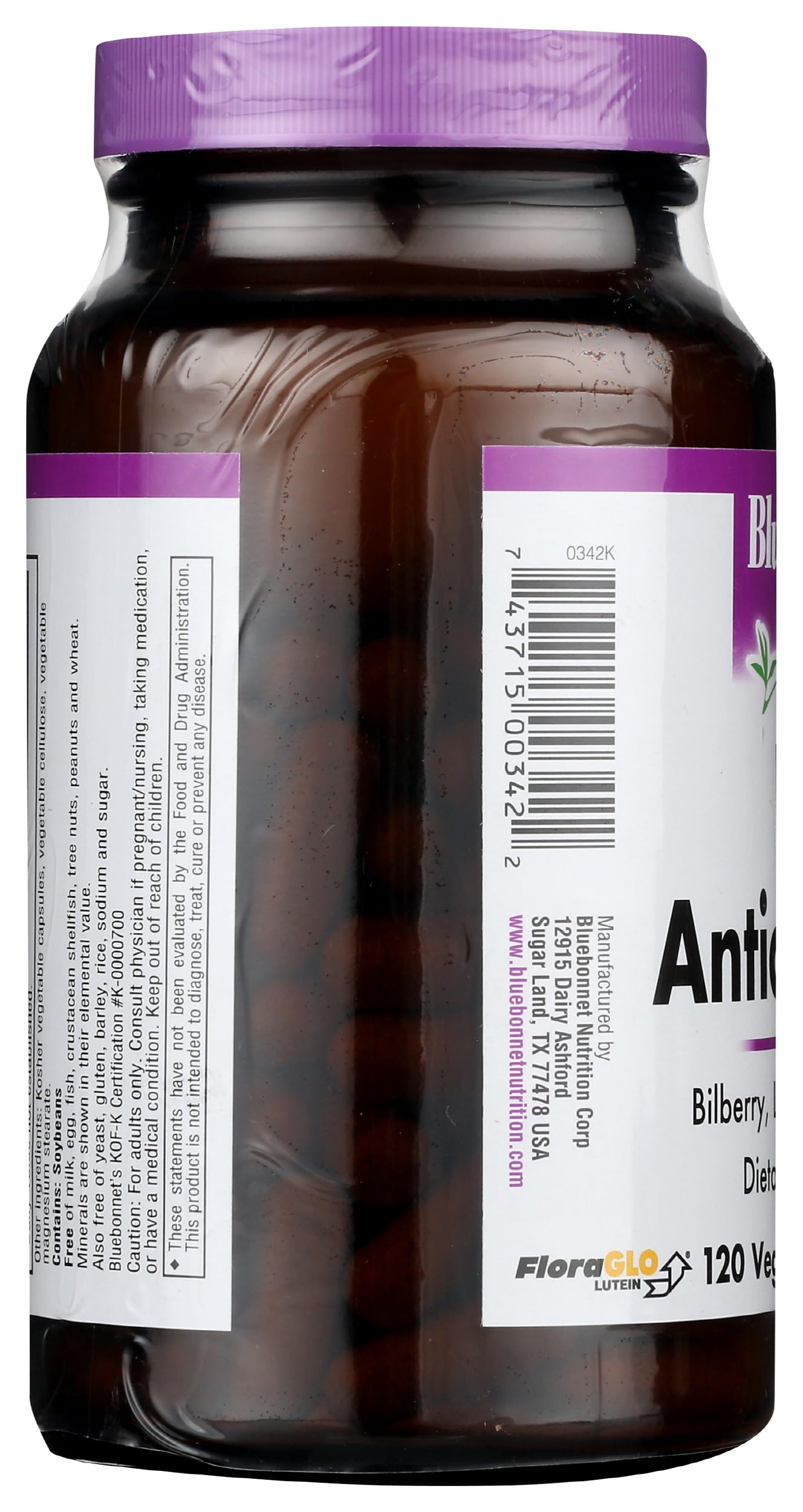 Bluebonnet Eye Antioxidant label highlights FloraGlo Lutein and bilberry for antioxidant support.