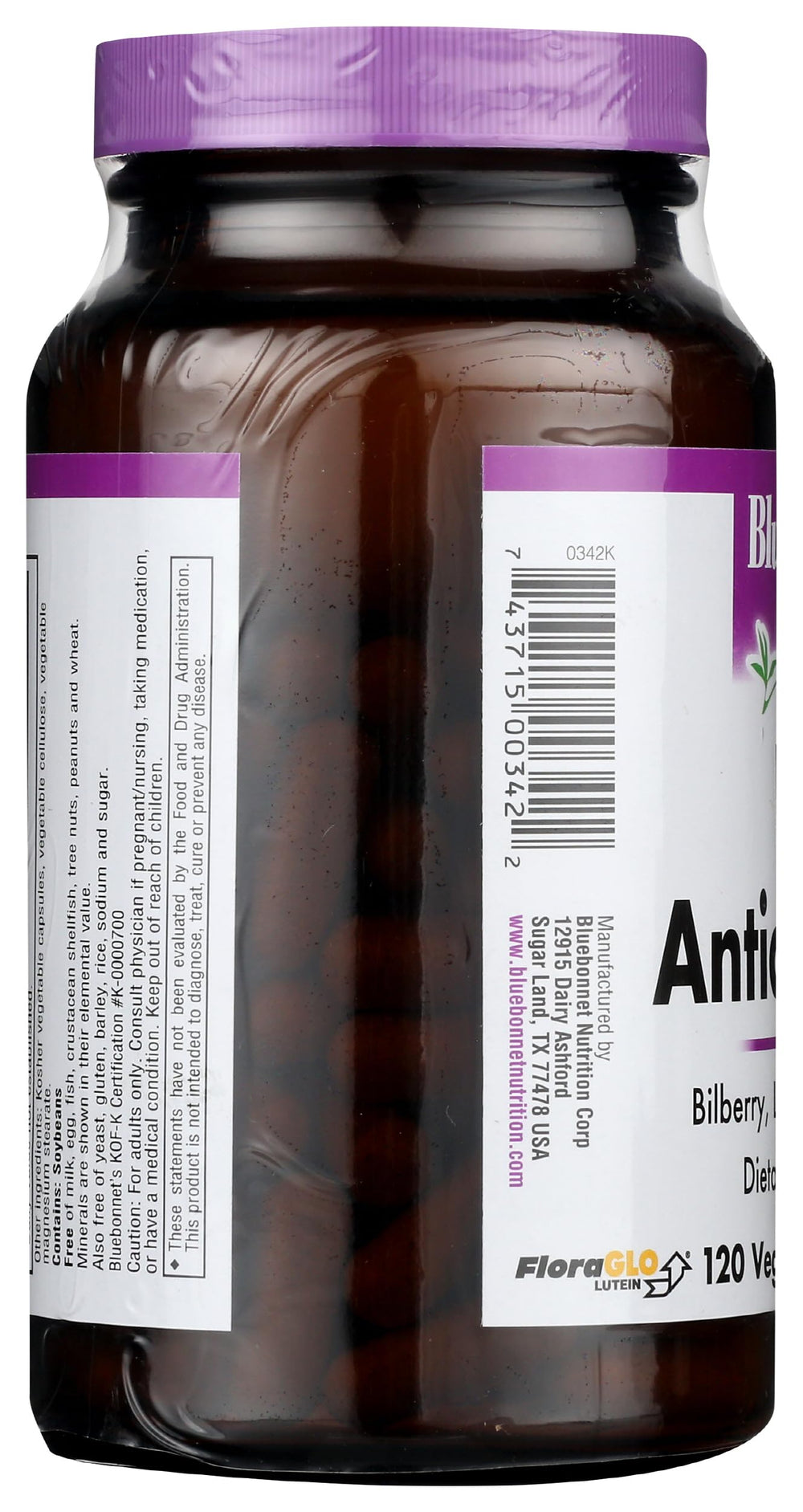 Bluebonnet Eye Antioxidant label highlights FloraGlo Lutein and bilberry for antioxidant support.