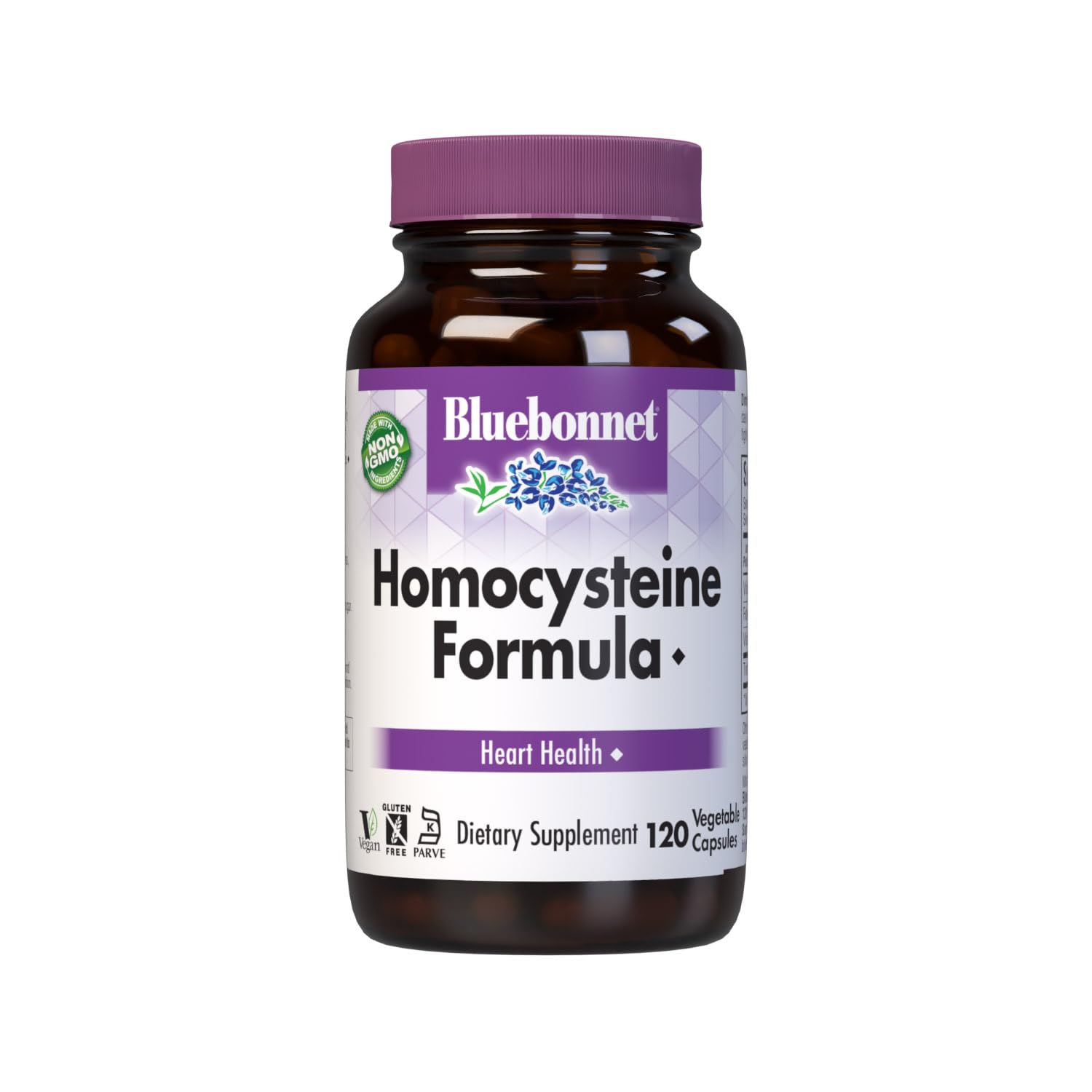 BlueBonnet Homocysteine Formula bottle with 120 vegan capsules for heart health.