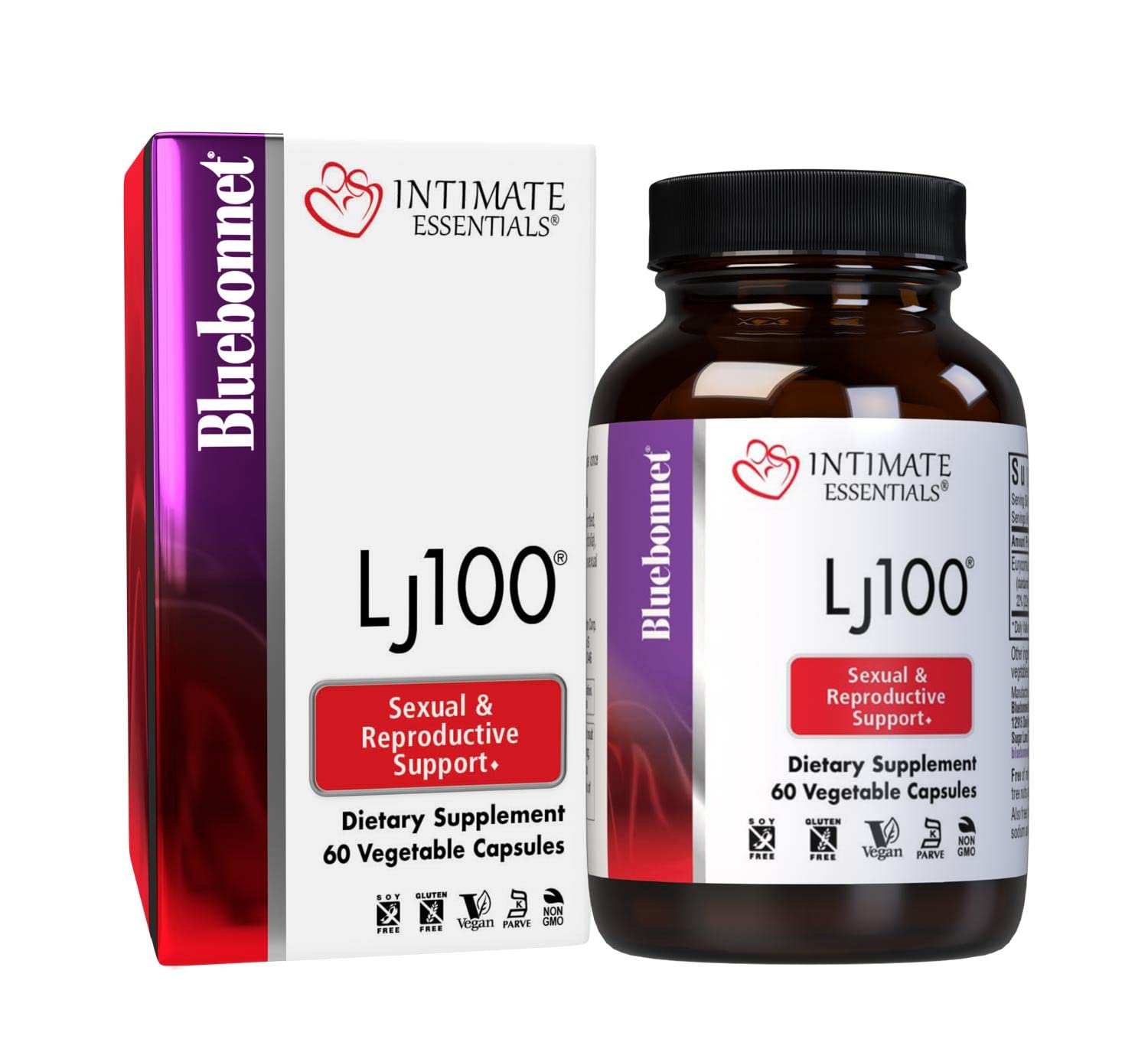 BlueBonnet Intimate Essentials LJ100 bottle and capsules for daily vitality.