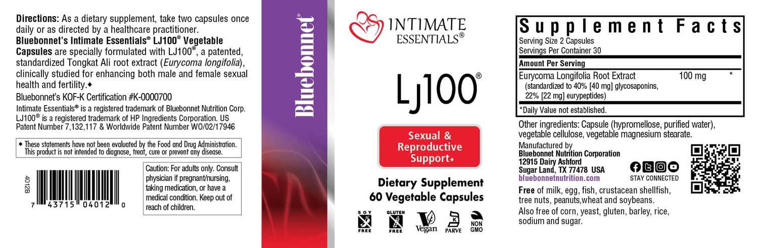 BlueBonnet Intimate Essentials LJ100 capsules close-up highlighting smooth, easy-to-swallow design.
