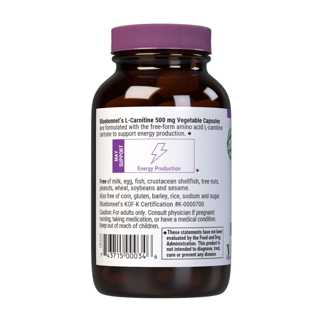 BlueBonnet L-Carnitine 500 mg bottle with vegan and gluten-free certifications