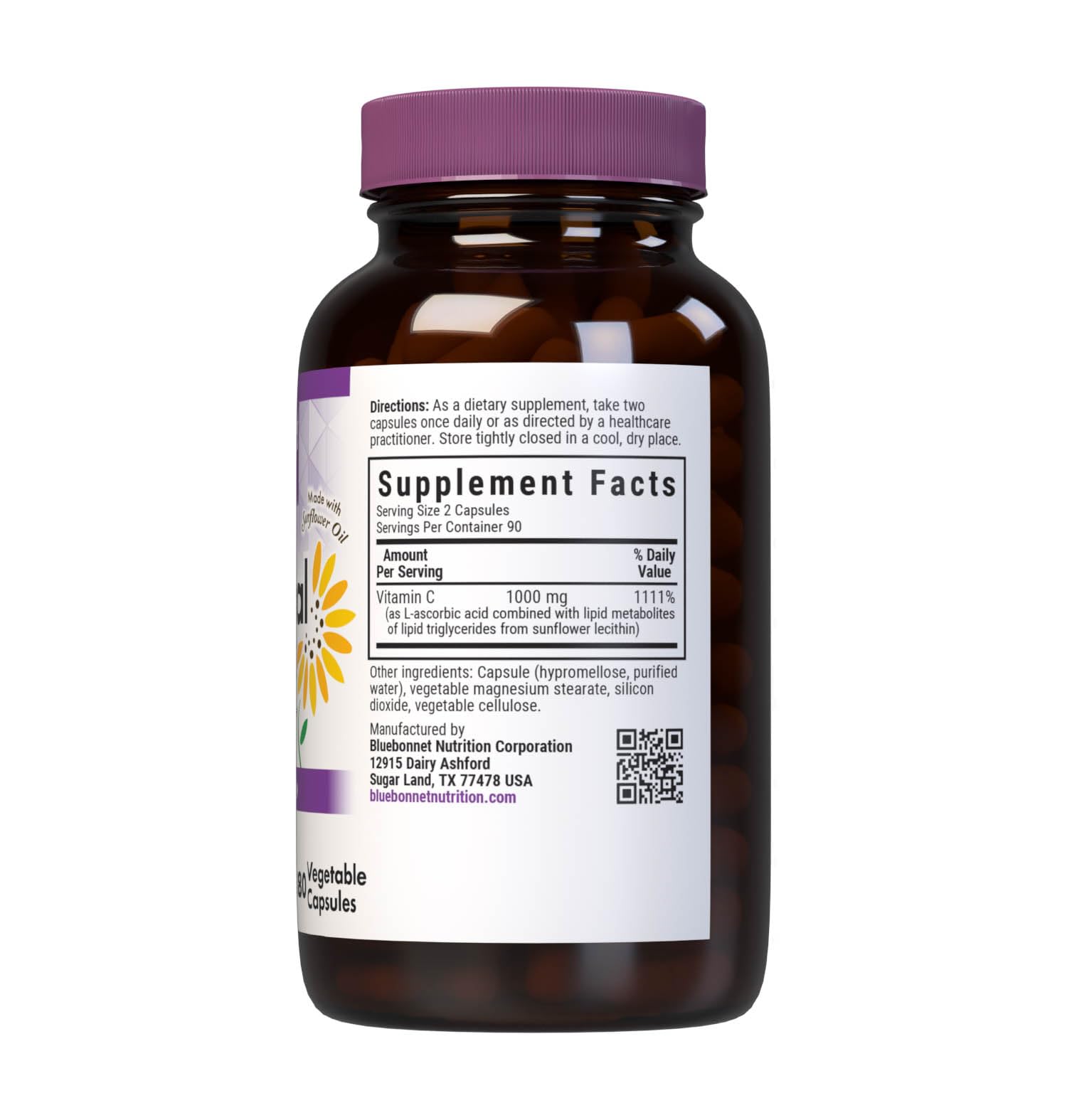 BlueBonnet Liposomal Vitamin C capsules close-up highlighting sunflower oil base