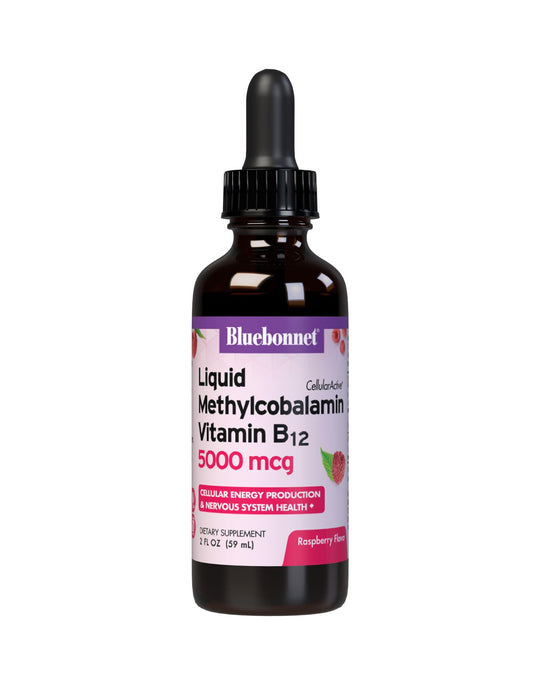Bluebonnet liquid methylcobalamin B12 raspberry drops on hand for on-the-go use.