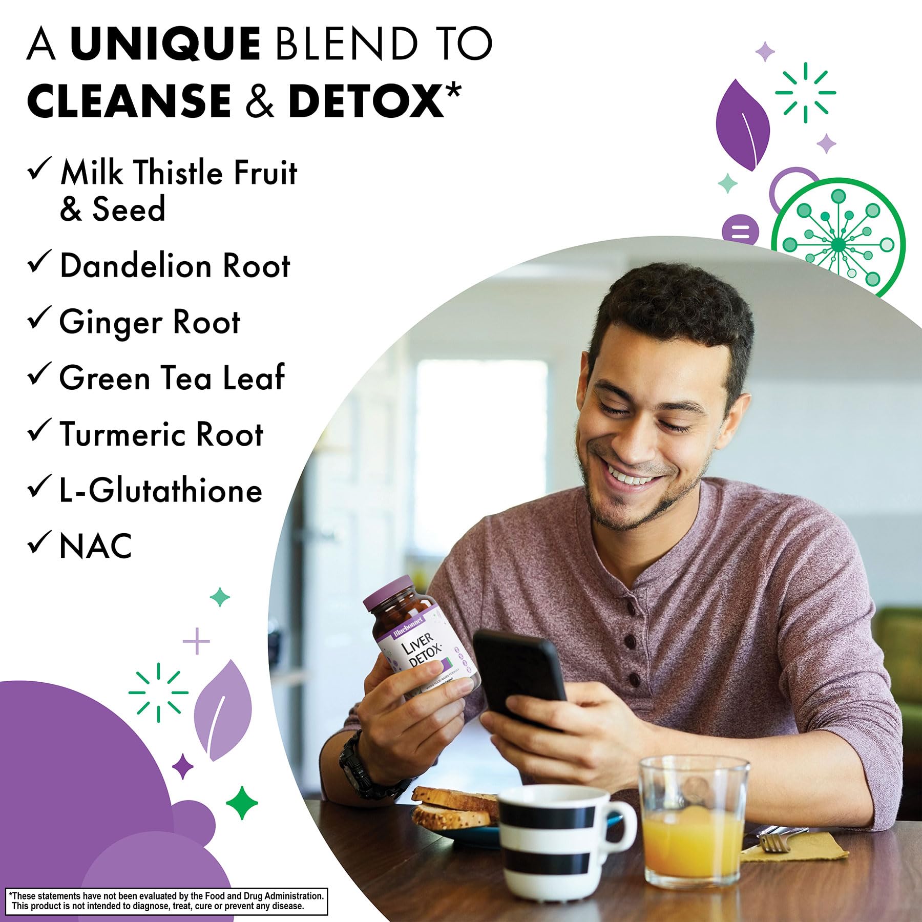 BlueBonnet Liver Detox capsules on a neutral background emphasizing soy-free and kosher status.