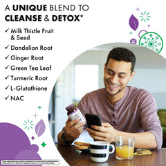 BlueBonnet Liver Detox capsules on a neutral background emphasizing soy-free and kosher status.