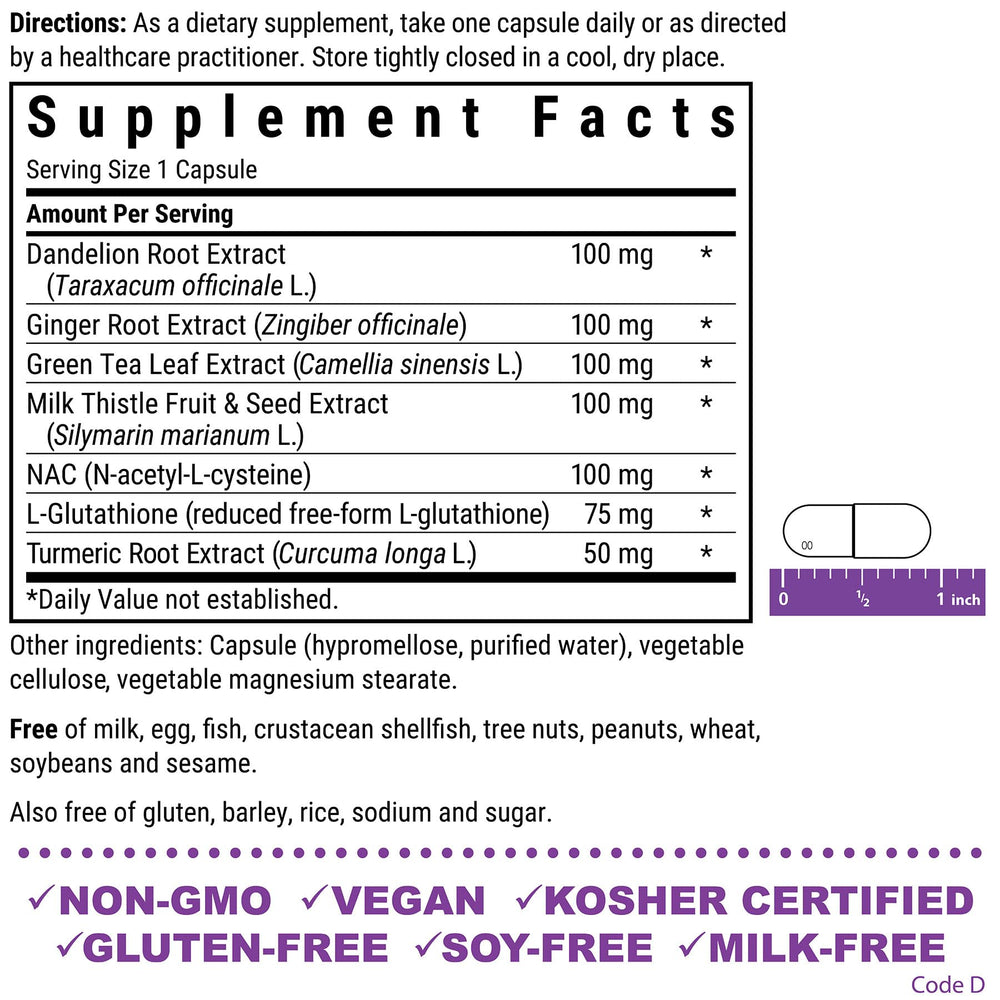 BlueBonnet Liver Detox label info illustrating certifications and allergen-free features.
