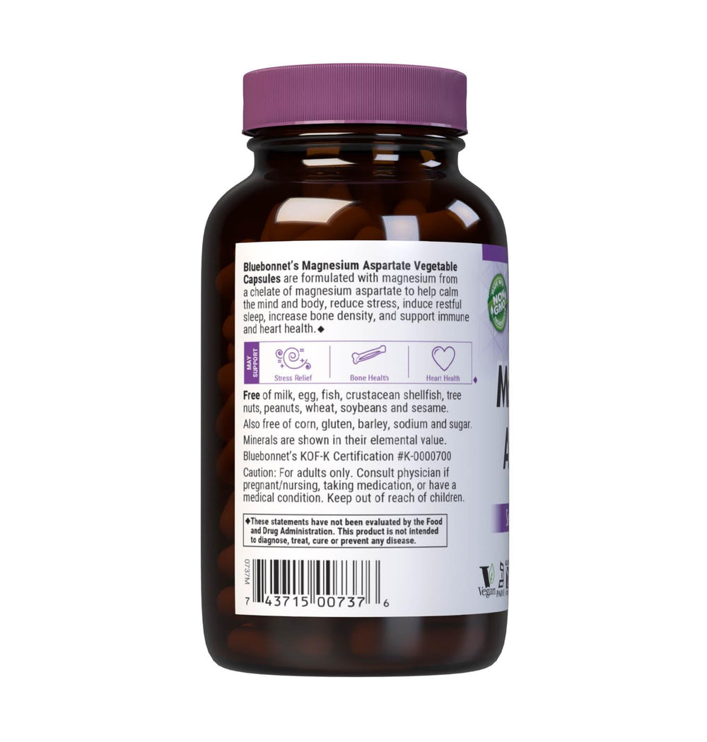 Bluebonnet Magnesium Aspartate label close-up, highlighting vegan and allergen-free certifications