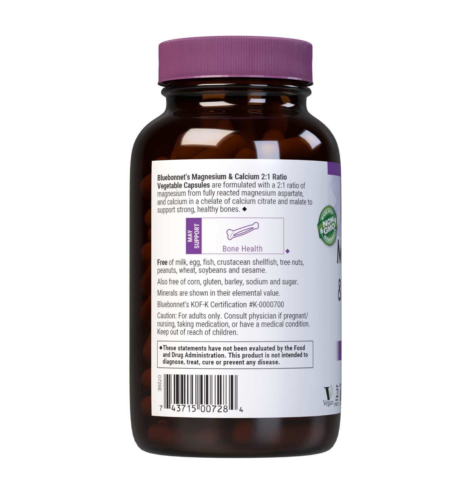 BlueBonnet Magnesium & Calcium 2:1 ratio label front emphasizing vegan, allergen-free supplement.