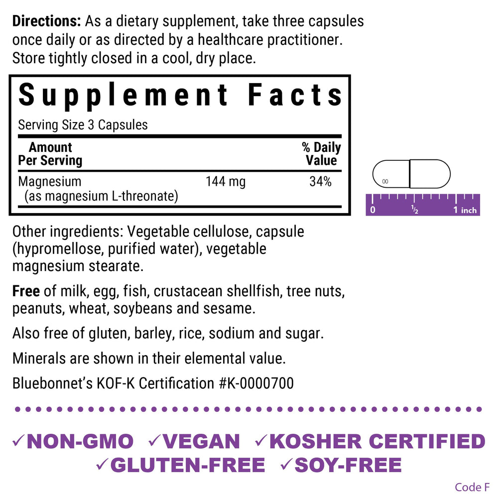 BlueBonnet Magtein bottle back shows vegan non-GMO features