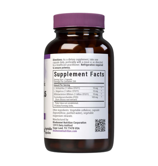 BlueBonnet Milk-Free Probiotic capsules close-up highlighting dairy-free capsule form.