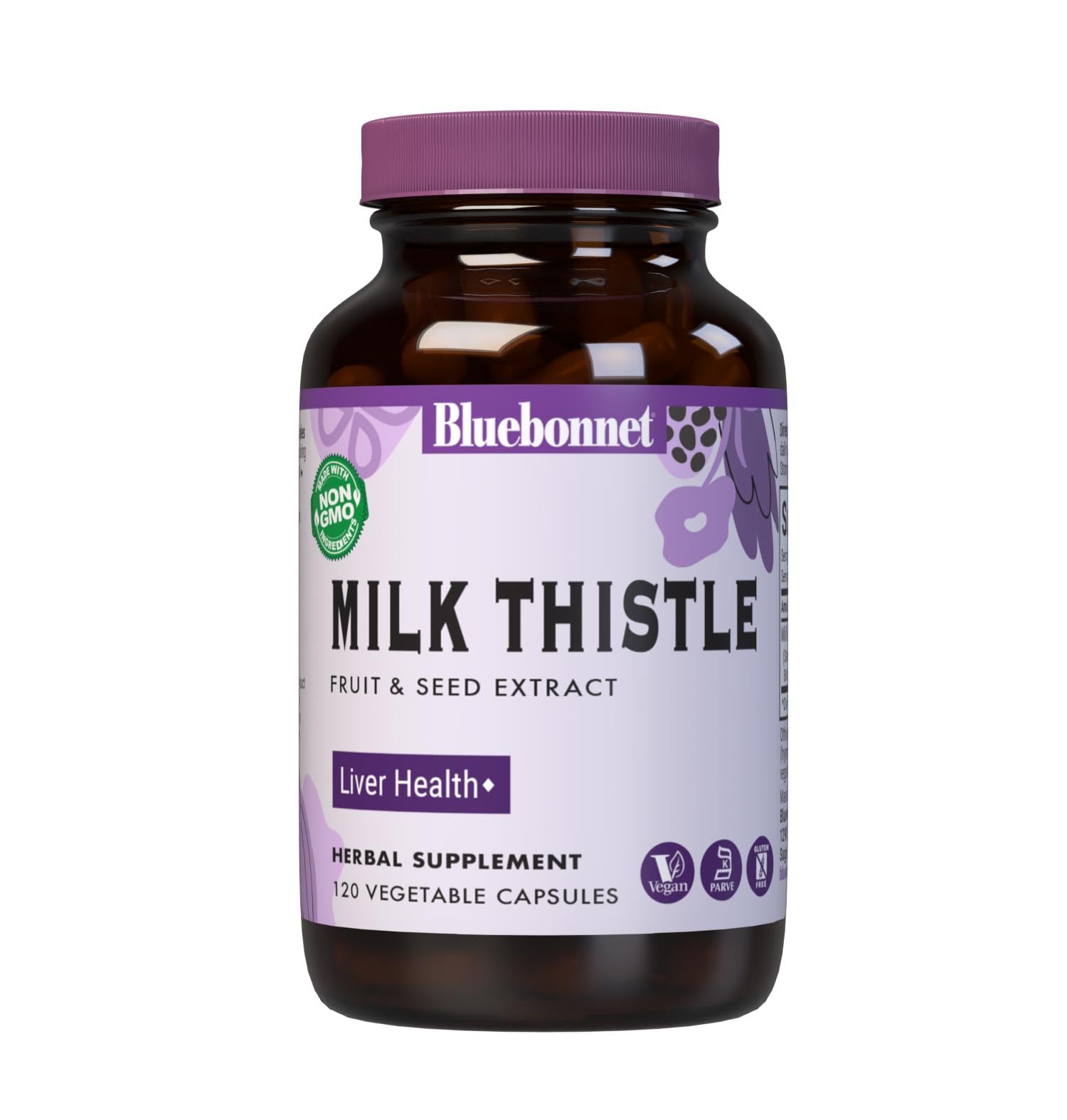 Bluebonnet Milk Thistle capsule close-up showing an easy-to-swallow vegan supplement for daily use