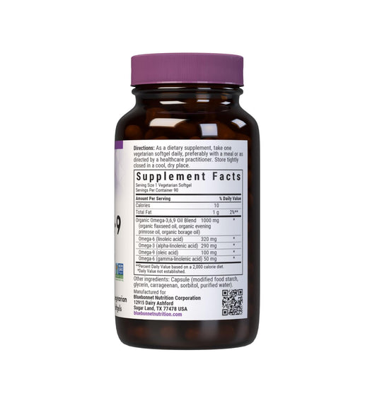 BlueBonnet Omega 3-6-9 softgels being poured to highlight convenient dosing
