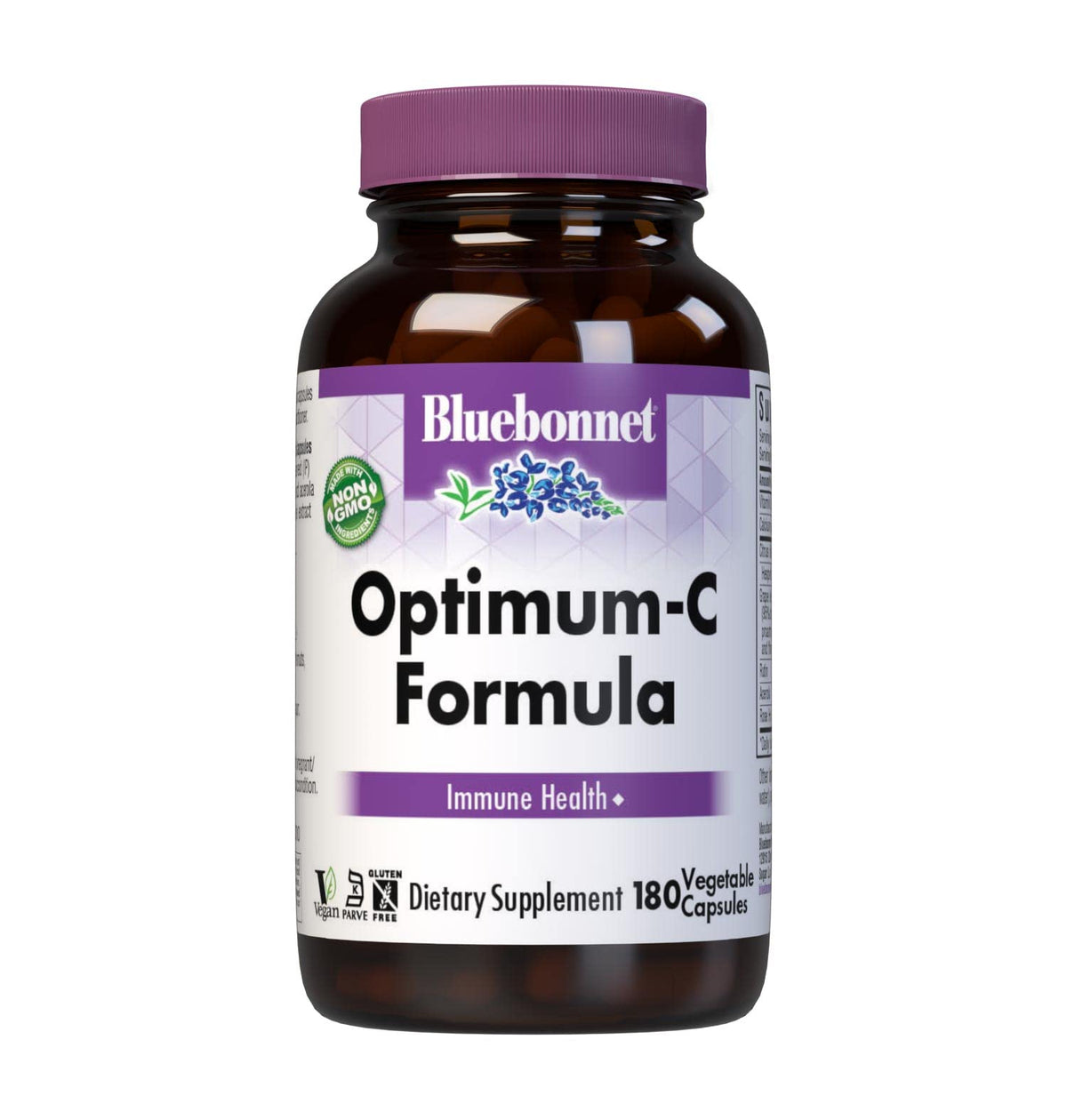 BlueBonnet Optimum C Formula bottle front label featuring non-GMO vitamin C blend for immune support.