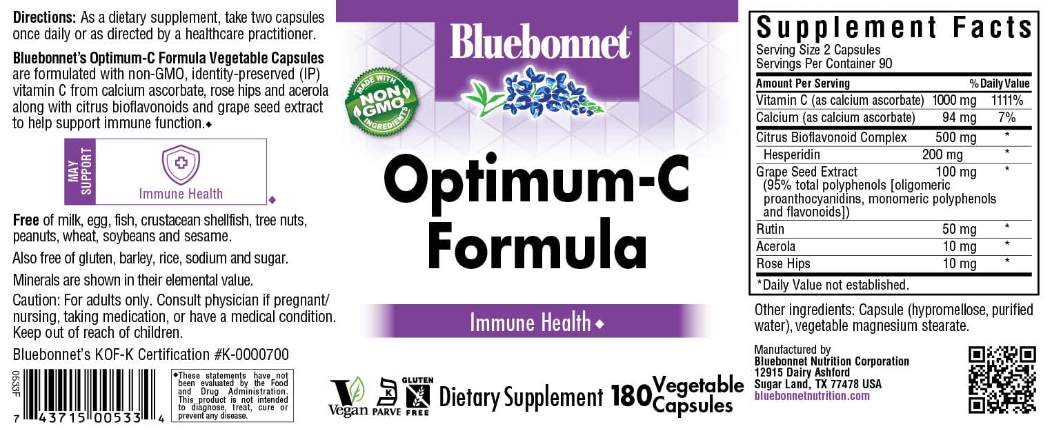 BlueBonnet Optimum C Formula capsules poured for daily immune support.