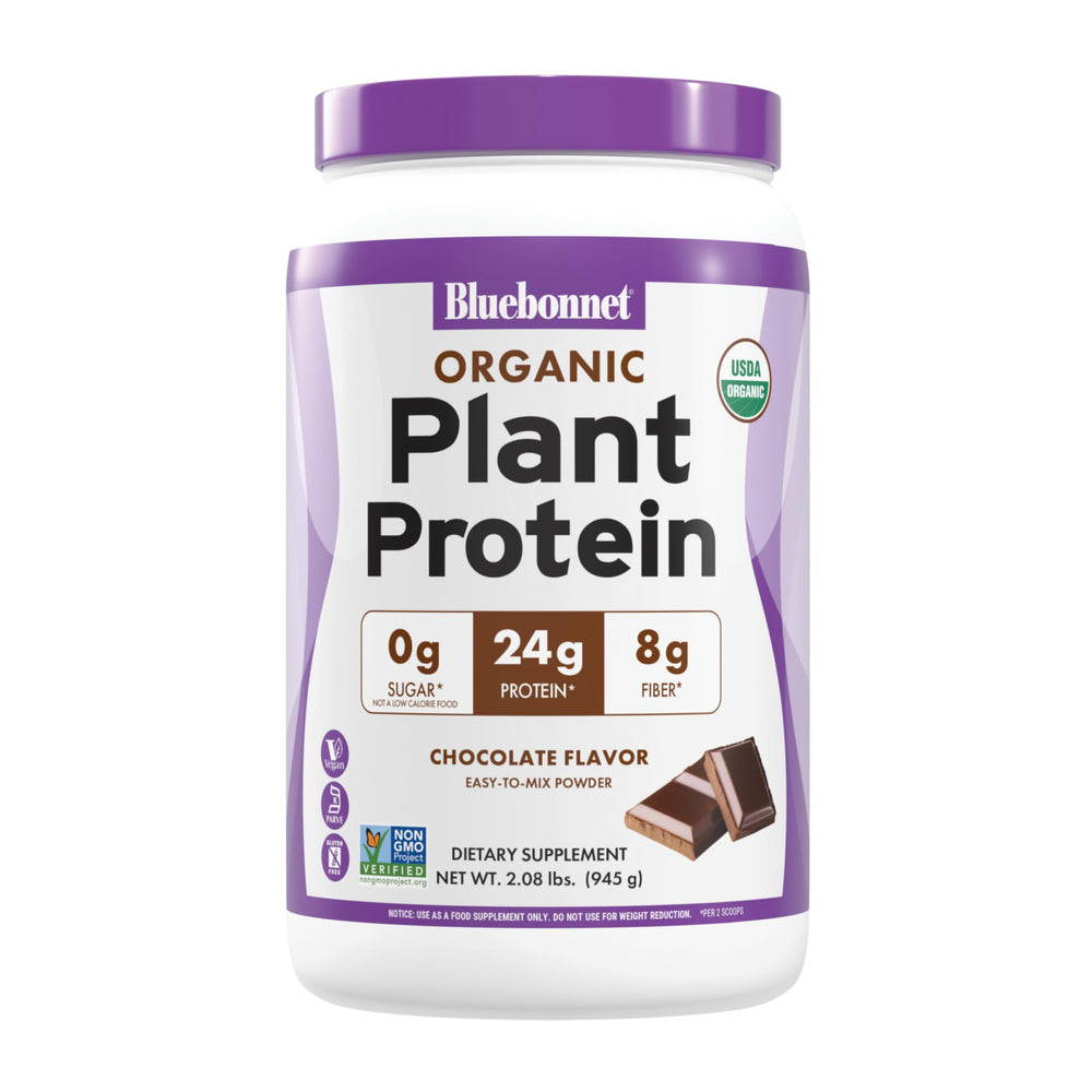 BlueBonnet Organic Plant Protein Powder bag with scoop showing 24g protein per serving.