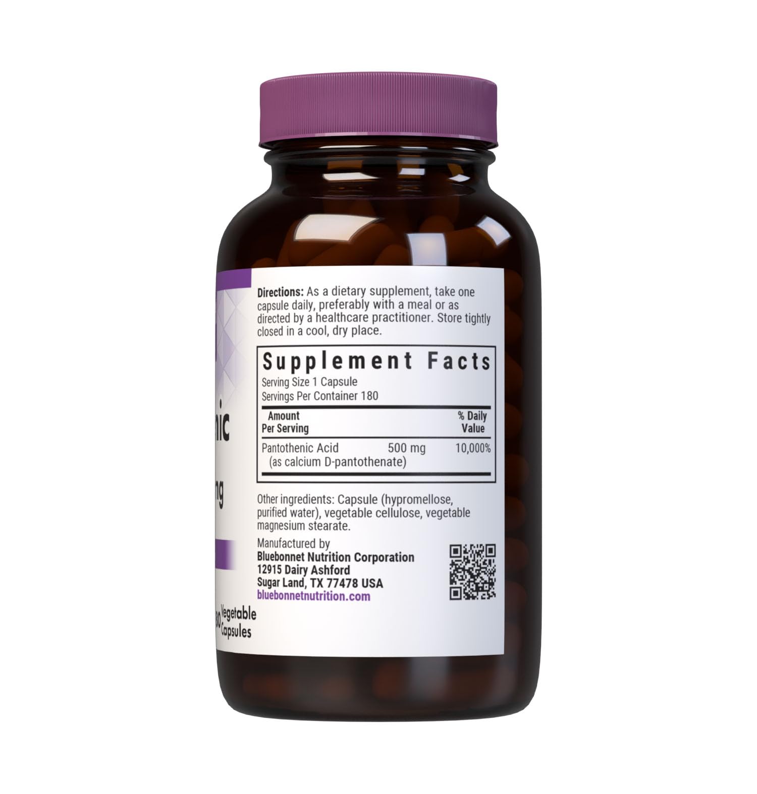 Bluebonnet Pantothenic Acid capsules closeup showing vegan formulation.