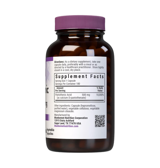 Bluebonnet Pantothenic Acid capsules closeup showing vegan formulation.