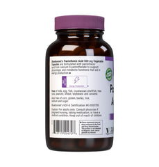 Bluebonnet Pantothenic Acid nutrition label panel emphasizing allergen-free features.