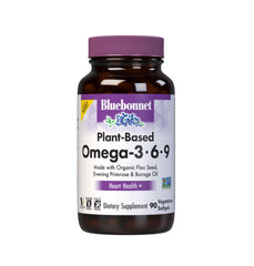 BlueBonnet Plant-Based Omega 3-6-9 softgels bottle showing product packaging and potential daily use benefits