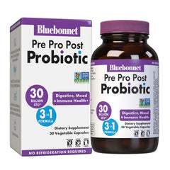 BlueBonnet Pre Pro Post Probiotic bottle showing shelf-stable formula for digestion