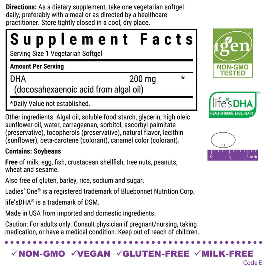 Bluebonnet prenatal DHA softgels on bottle, gluten-free and vegan option.