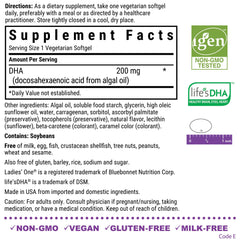 Bluebonnet prenatal DHA softgels on bottle, gluten-free and vegan option.