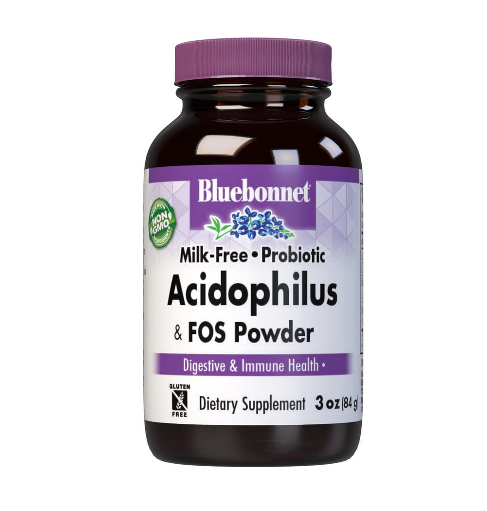 BlueBonnet Probiotic Acidophilus Plus FOS Powder scoop enabling easy mixing into drinks.