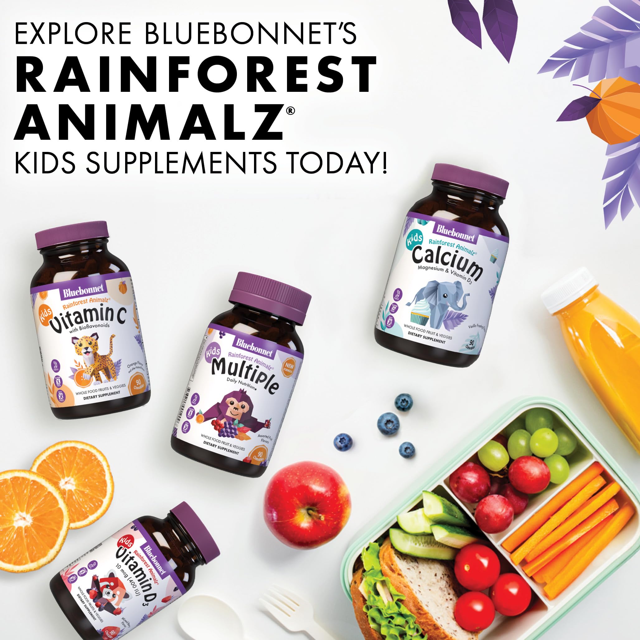 BlueBonnet Rainforest Animalz bone health support with calcium and vitamin D3.