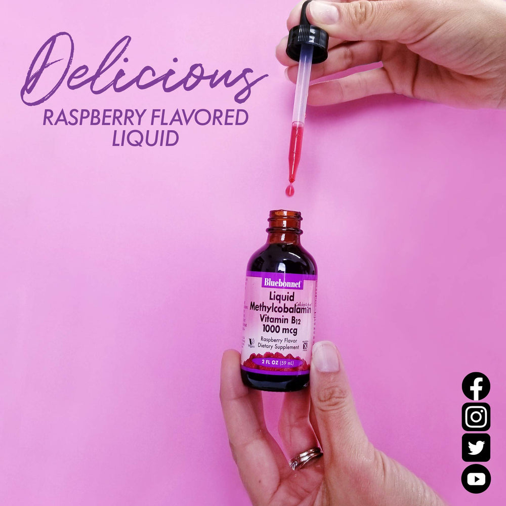 Raspberry-flavored B12 liquid in amber glass bottle for freshness.