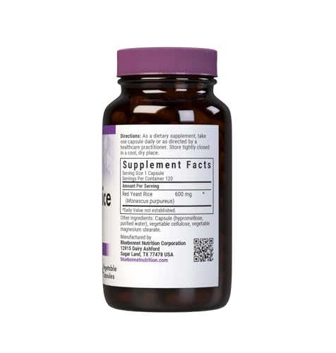 Bluebonnet Red Yeast Rice capsules shown for convenient daily use and cholesterol support