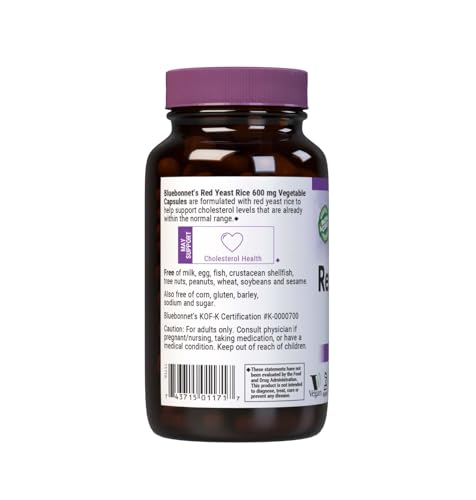 Bluebonnet Red Yeast Rice label highlights vegan, non-GMO, and kosher certifications